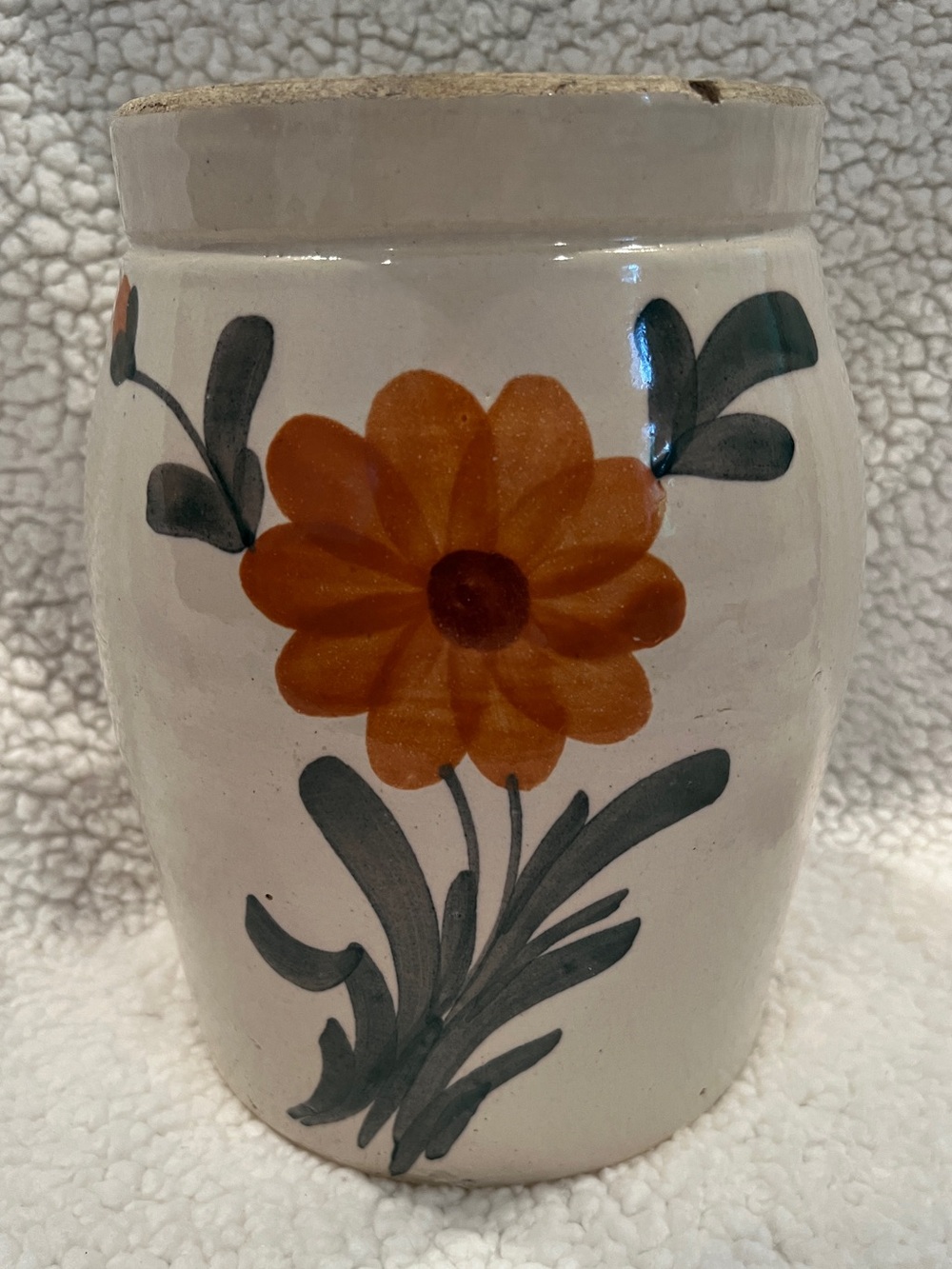 Vintage Stoneware Crock 9” tan/orange/green Painted Flower